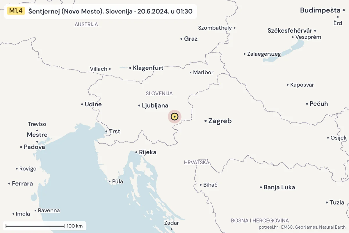Karta: šire područje, 600 km, potres M1,4, Šentjernej (Novo Mesto), Slovenija, 20.6.2024.