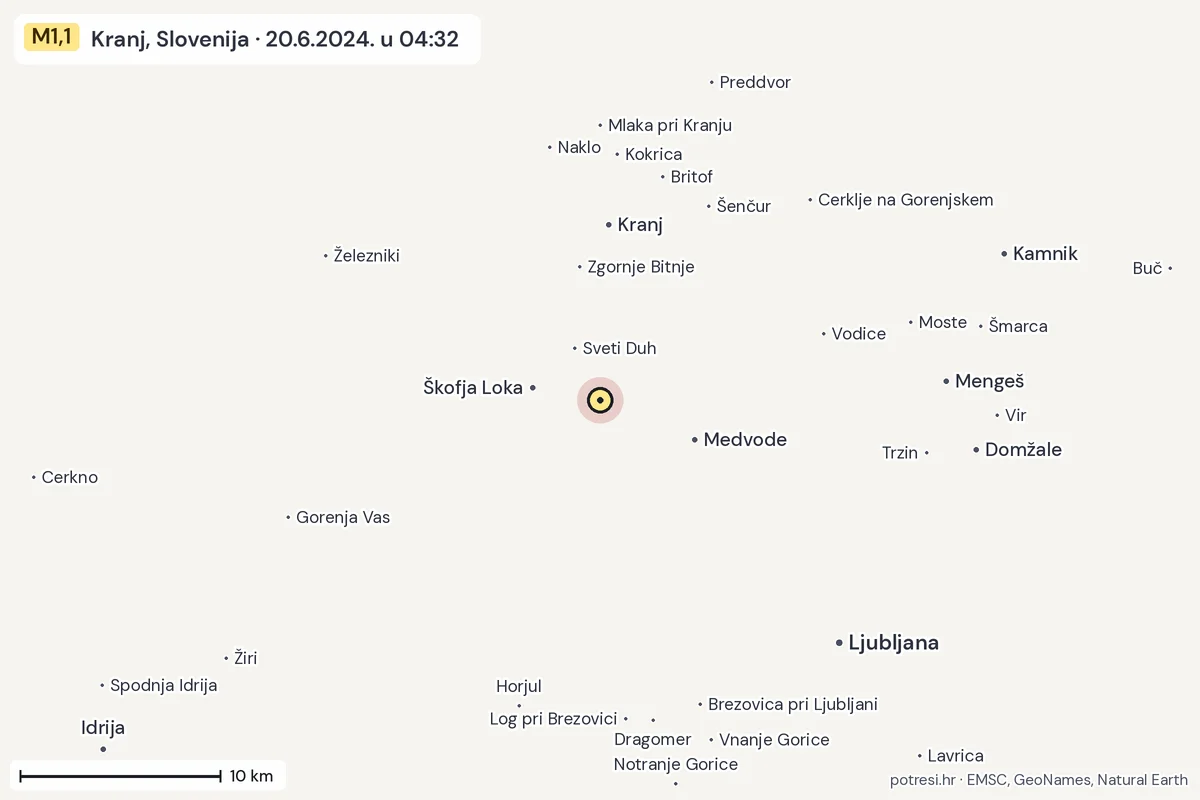 Karta: okolica epicentra, 60 km, potres M1,1, Kranj, Slovenija, 20.6.2024.
