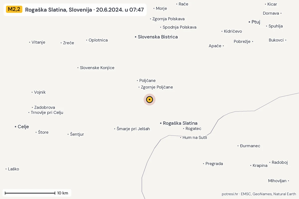 Karta: okolica epicentra, 60 km, potres M2,2, Rogaška Slatina, Slovenija, 20.6.2024.