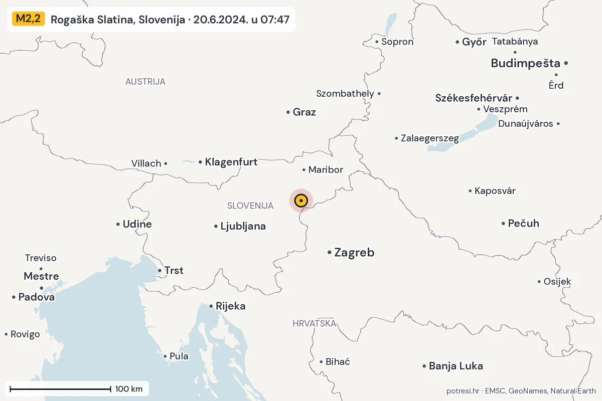 Karta: šire područje, 600 km, potres M2,2, Rogaška Slatina, Slovenija, 20.6.2024.