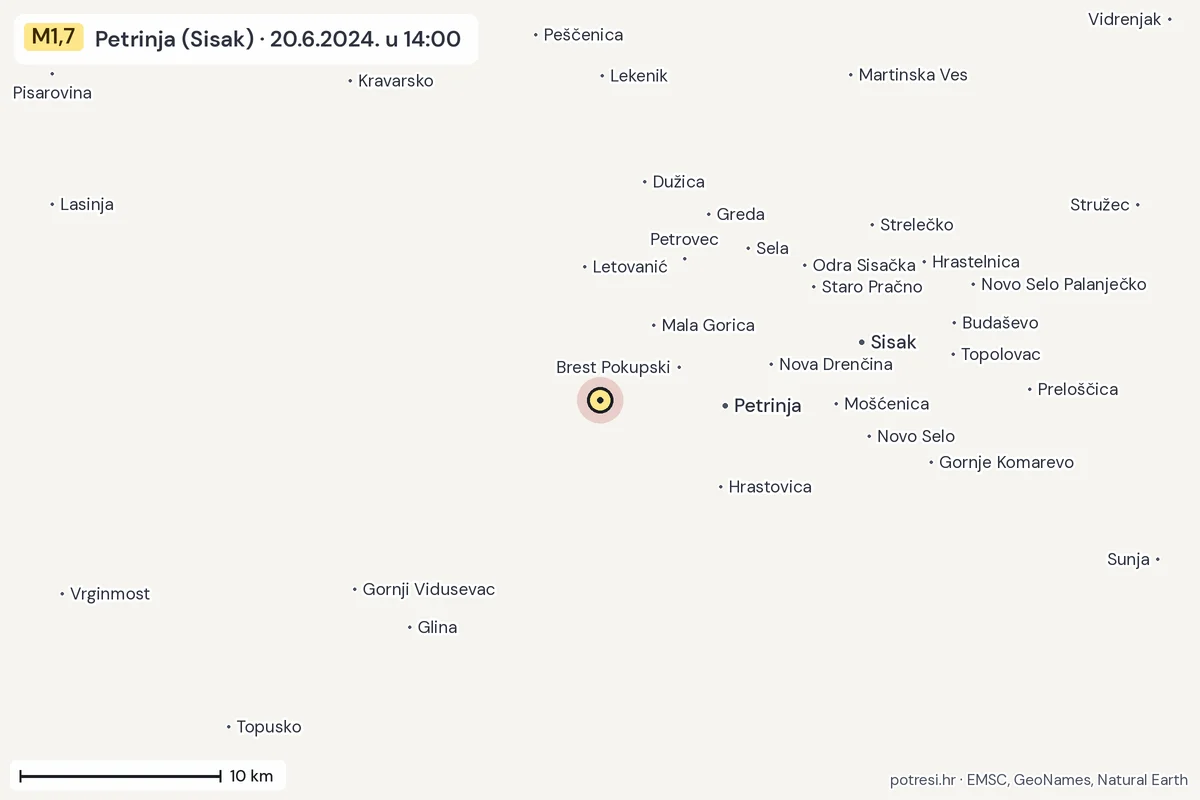 Karta: okolica epicentra, 60 km, potres M1,7, Petrinja (Sisak), 20.6.2024.