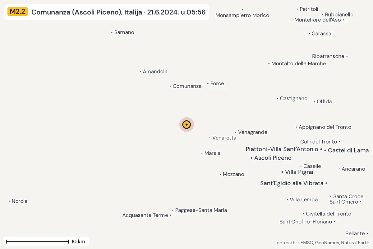 Karta: okolica epicentra, 60 km, potres M2,2, Comunanza (Ascoli Piceno), Italija, 21.6.2024.