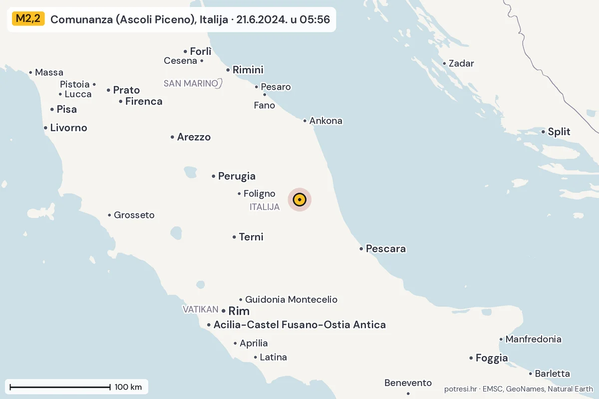 Karta: šire područje, 600 km, potres M2,2, Comunanza (Ascoli Piceno), Italija, 21.6.2024.