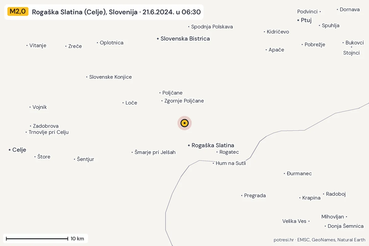 Karta: okolica epicentra, 60 km, potres M2,0, Rogaška Slatina (Celje), Slovenija, 21.6.2024.