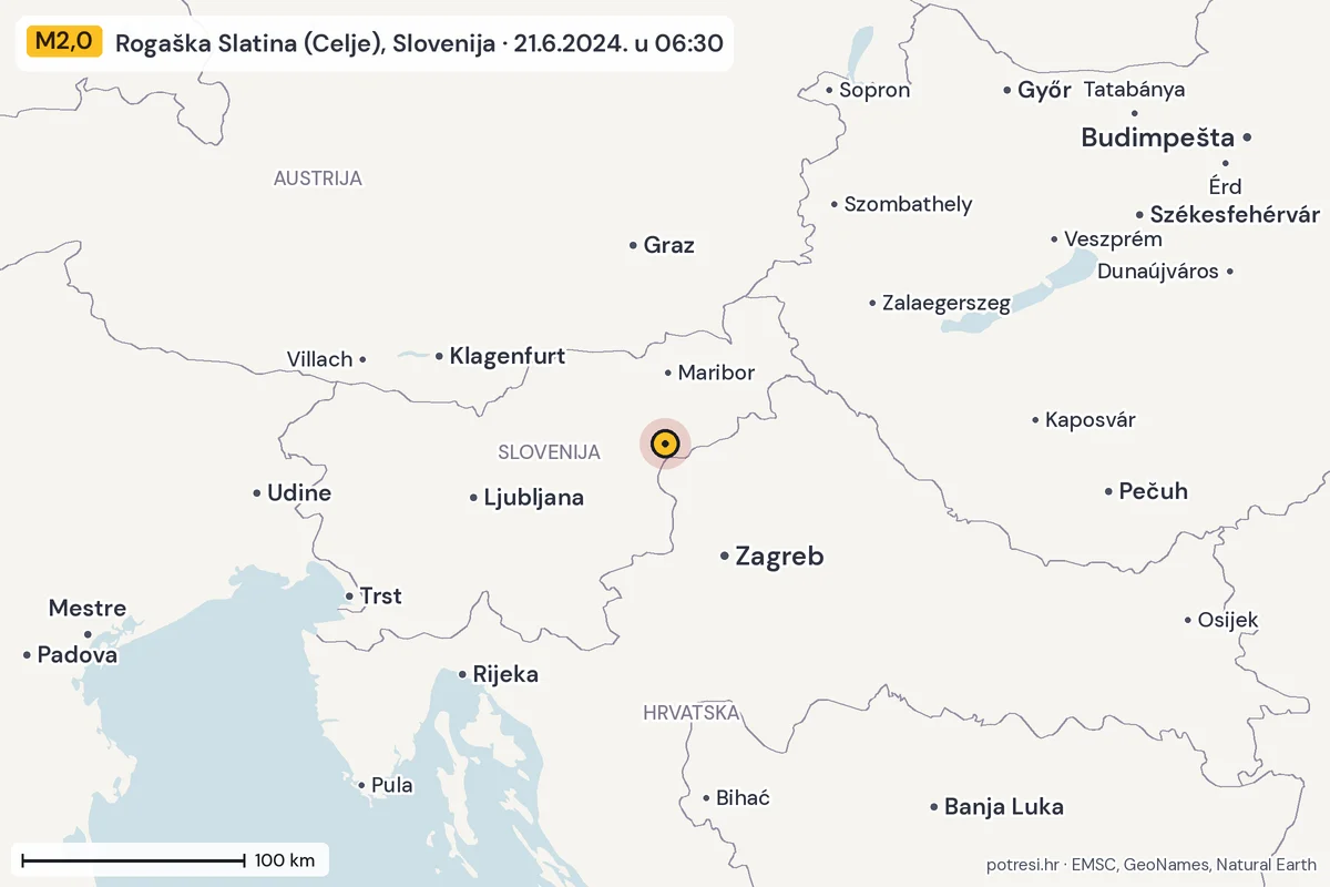 Karta: šire područje, 600 km, potres M2,0, Rogaška Slatina (Celje), Slovenija, 21.6.2024.