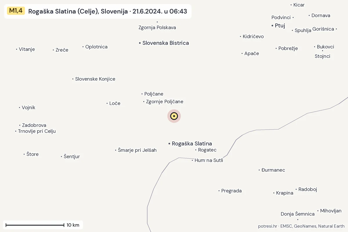 Karta: okolica epicentra, 60 km, potres M1,4, Rogaška Slatina (Celje), Slovenija, 21.6.2024.