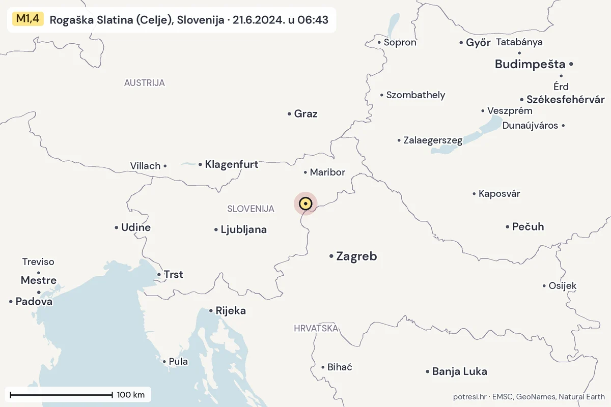 Karta: šire područje, 600 km, potres M1,4, Rogaška Slatina (Celje), Slovenija, 21.6.2024.
