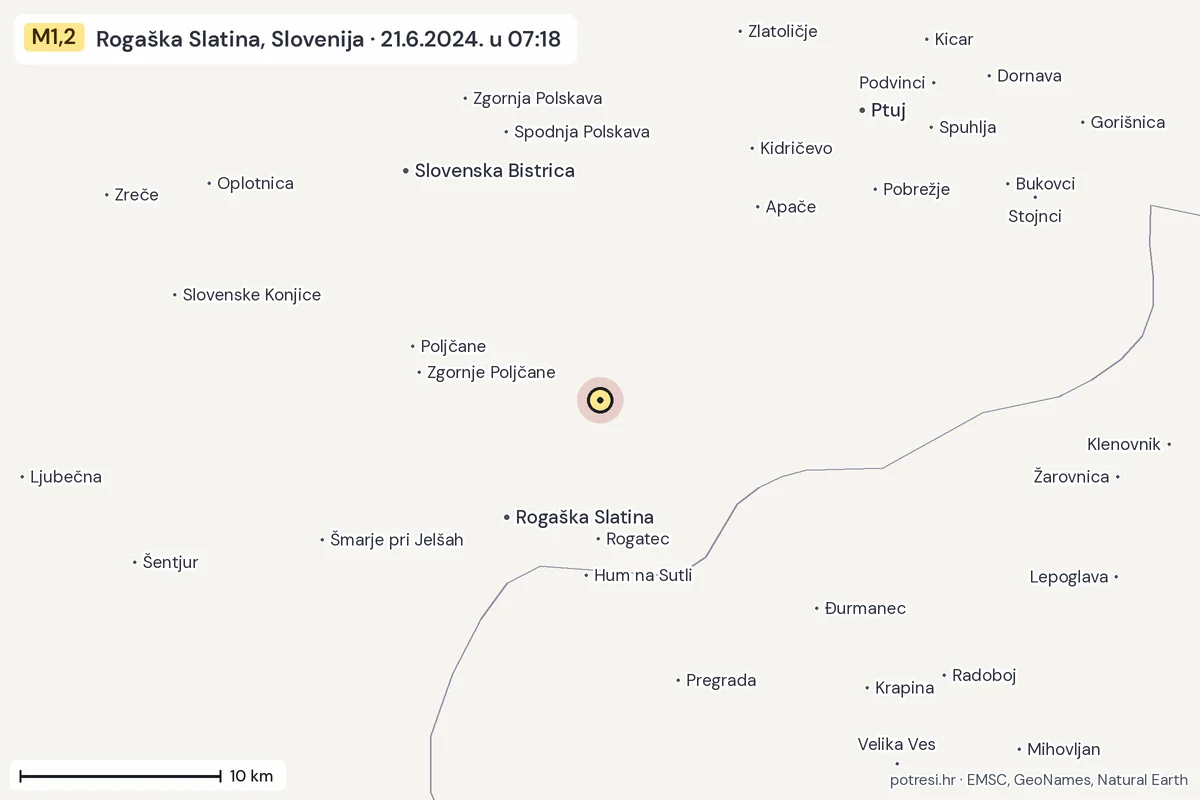 Karta: okolica epicentra, 60 km, potres M1,2, Rogaška Slatina, Slovenija, 21.6.2024.