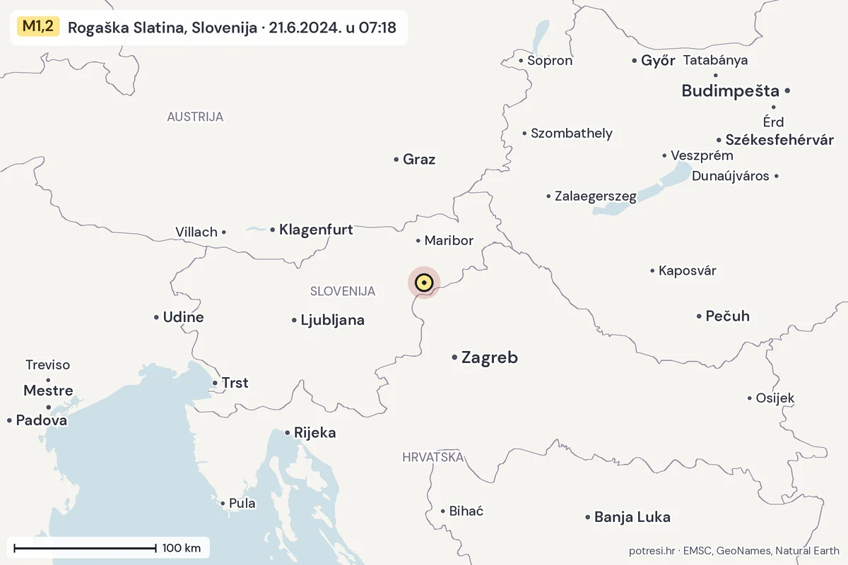 Karta: šire područje, 600 km, potres M1,2, Rogaška Slatina, Slovenija, 21.6.2024.