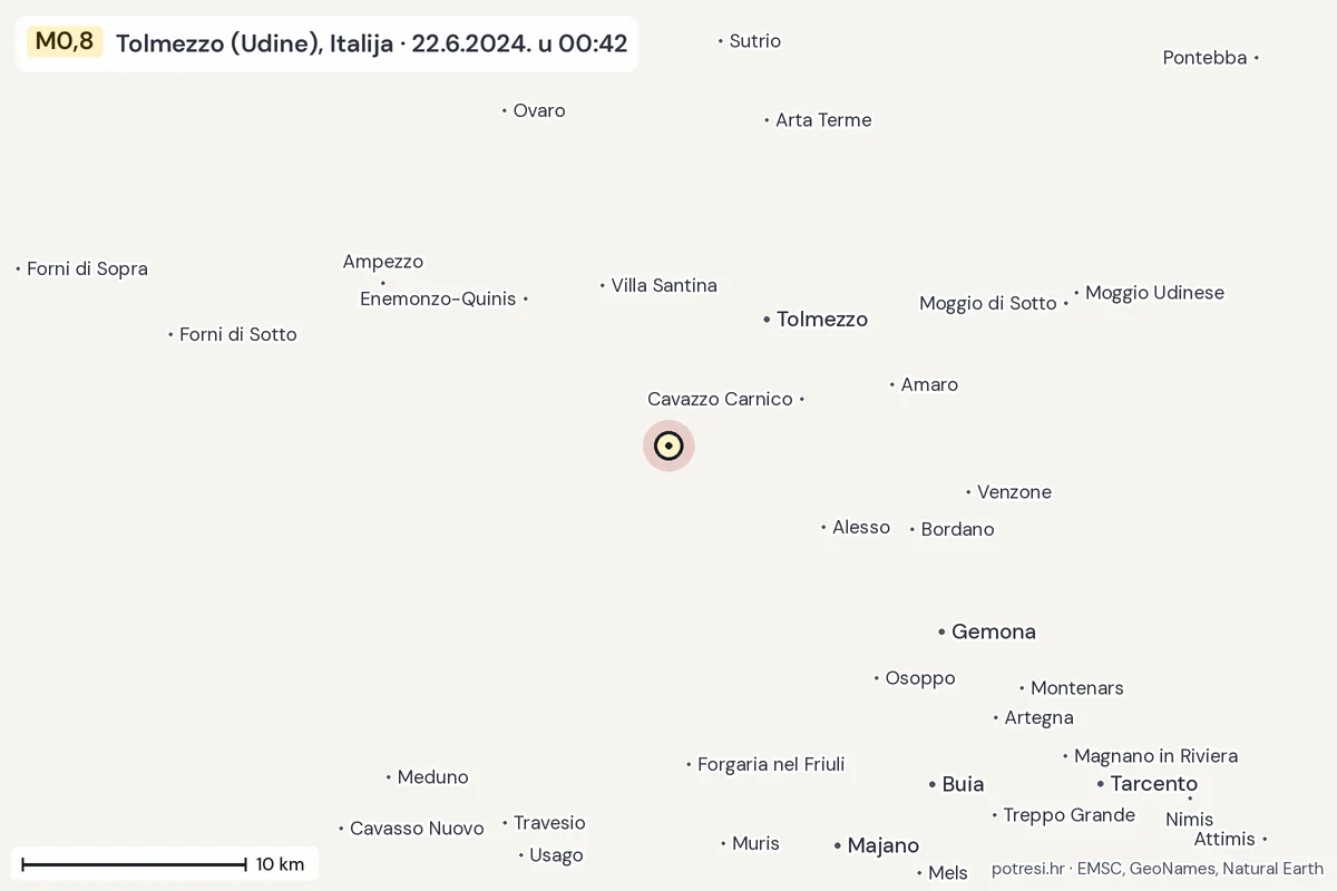 Karta: okolica epicentra, 60 km, potres M0,8, Tolmezzo (Udine), Italija, 22.6.2024.