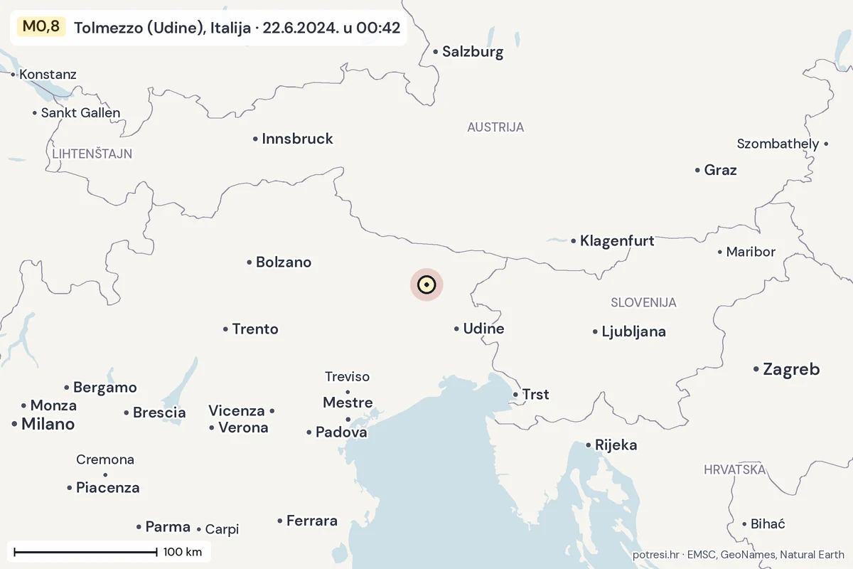 Karta: šire područje, 600 km, potres M0,8, Tolmezzo (Udine), Italija, 22.6.2024.