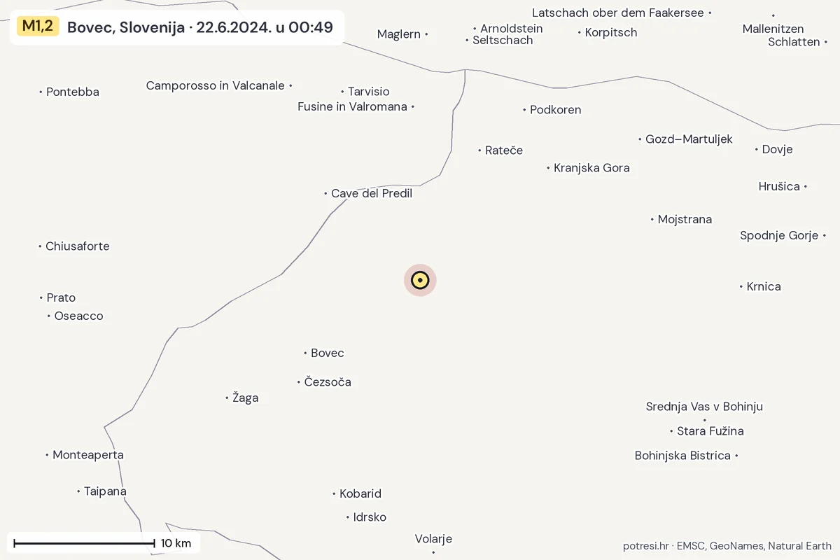 Karta: okolica epicentra, 60 km, potres M1,2, Bovec, Slovenija, 22.6.2024.