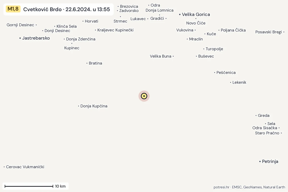 Karta: okolica epicentra, 60 km, potres M1,8, Cvetković Brdo, 22.6.2024.