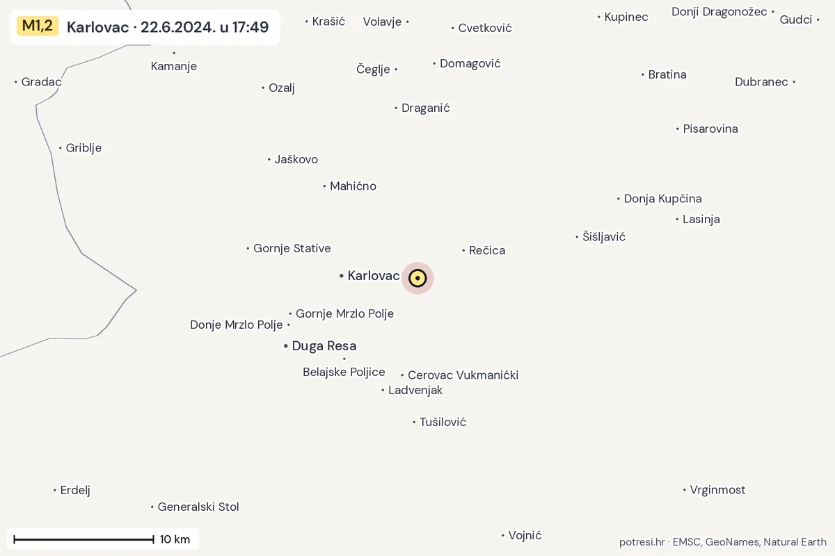 Karta: okolica epicentra, 60 km, potres M1,2, Karlovac, 22.6.2024.
