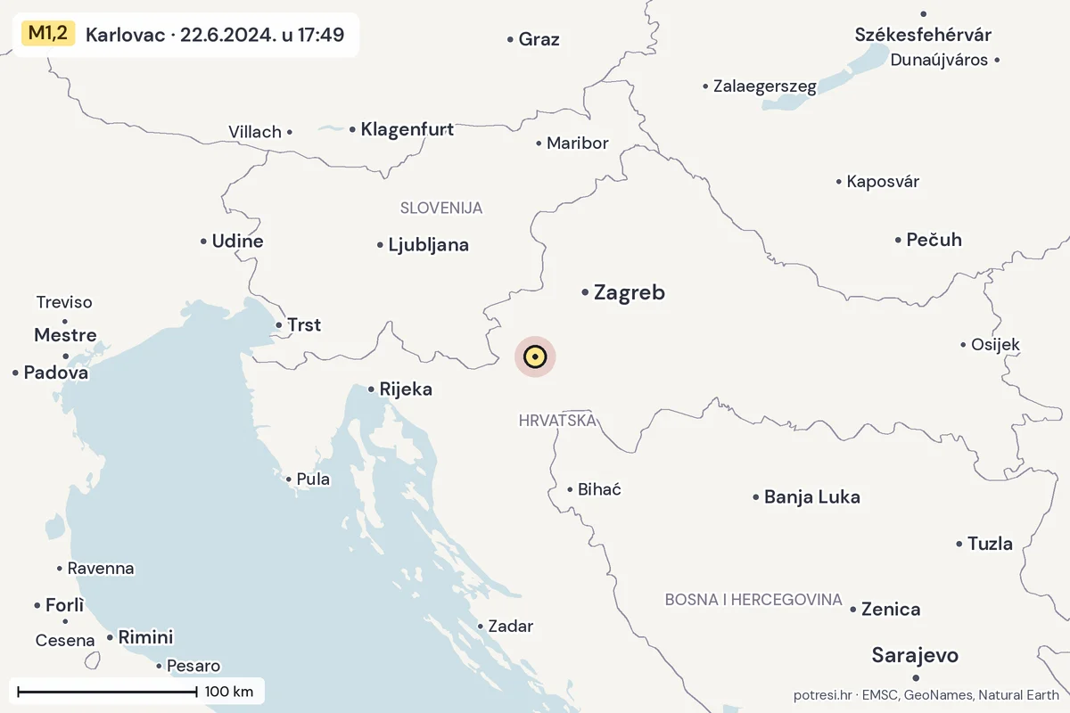 Karta: šire područje, 600 km, potres M1,2, Karlovac, 22.6.2024.