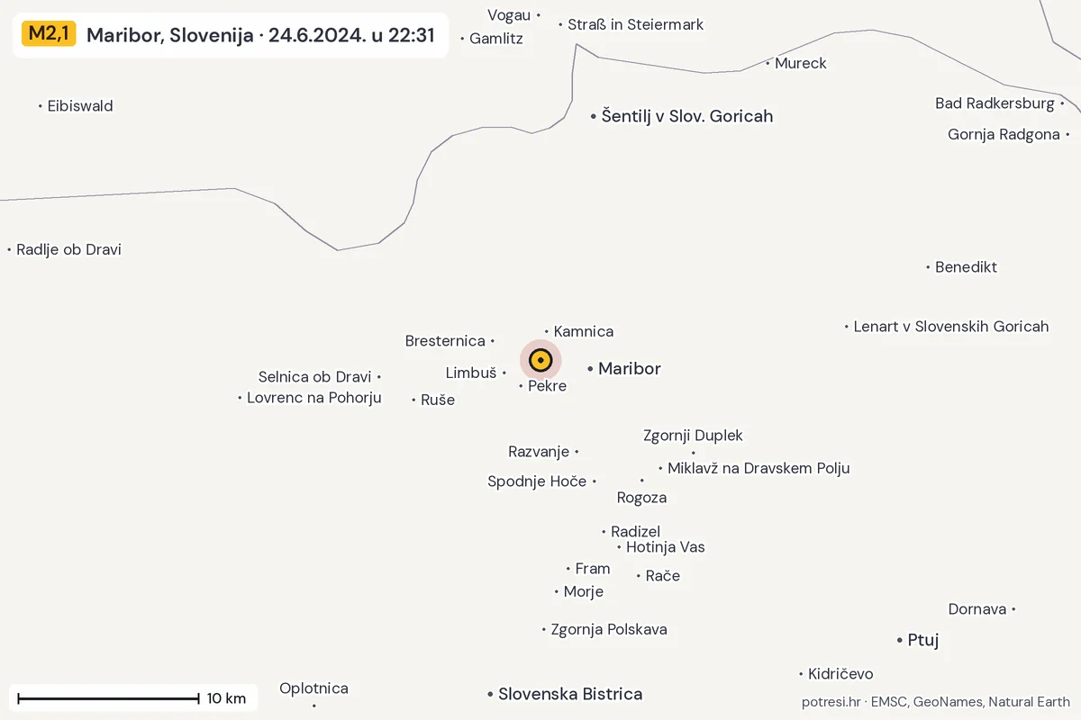 Karta: okolica epicentra, 60 km, potres M2,1, Maribor, Slovenija, 24.6.2024.