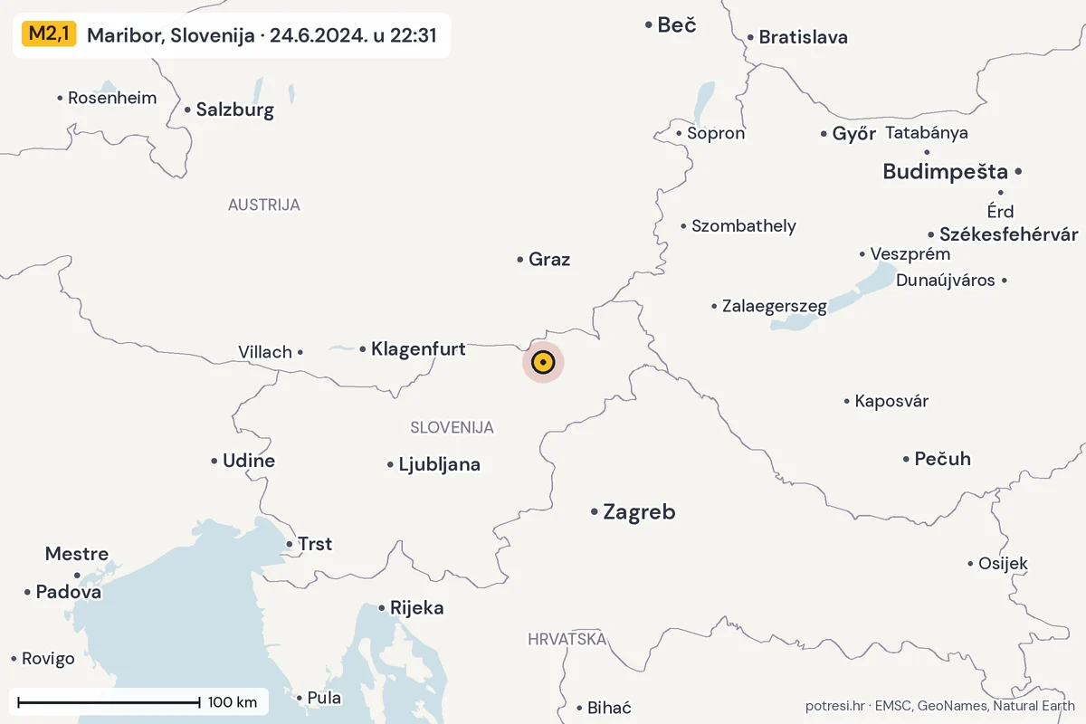 Karta: šire područje, 600 km, potres M2,1, Maribor, Slovenija, 24.6.2024.
