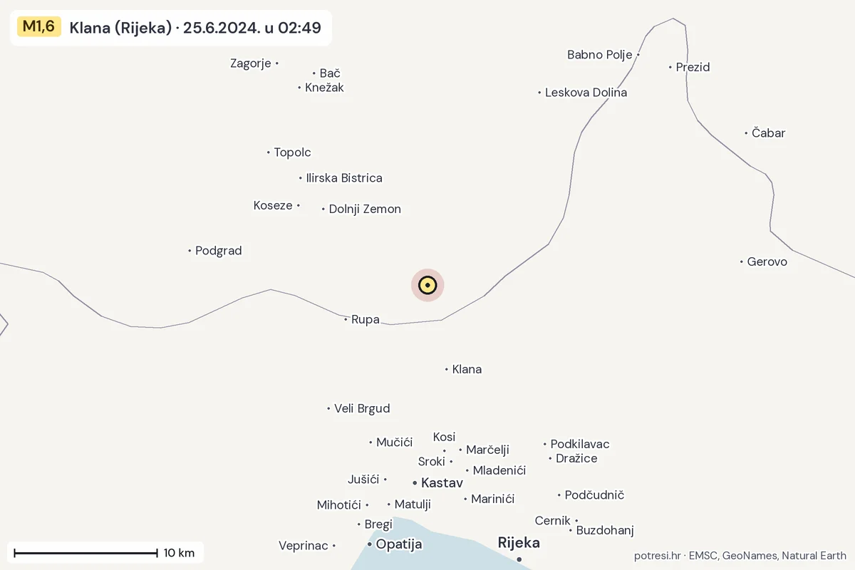 Karta: okolica epicentra, 60 km, potres M1,6, Klana (Rijeka), 25.6.2024.