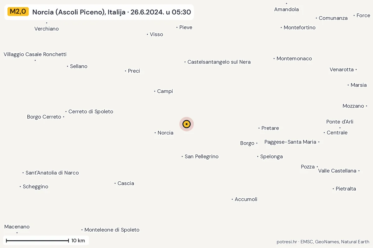 Karta: okolica epicentra, 60 km, potres M2,0, Norcia (Ascoli Piceno), Italija, 26.6.2024.