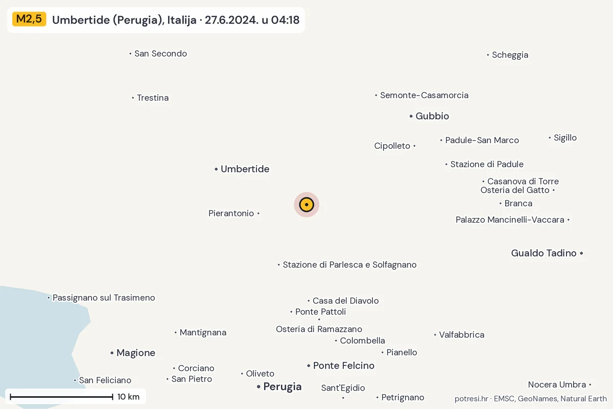Karta: okolica epicentra, 60 km, potres M2,5, Umbertide (Perugia), Italija, 27.6.2024.