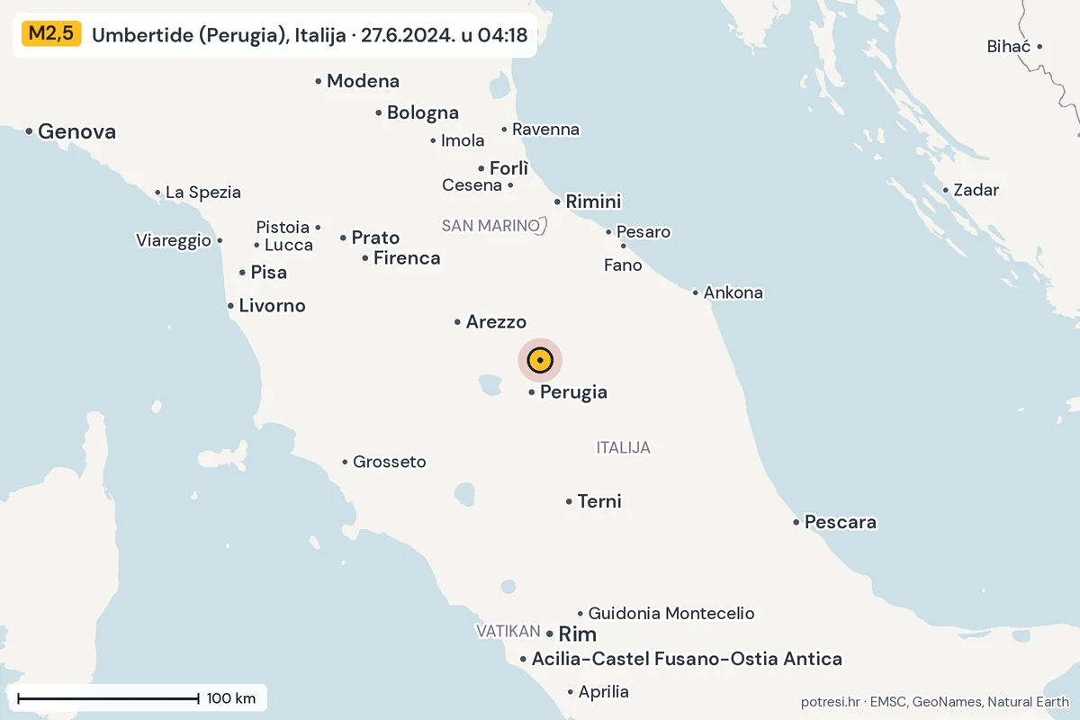 Karta: šire područje, 600 km, potres M2,5, Umbertide (Perugia), Italija, 27.6.2024.