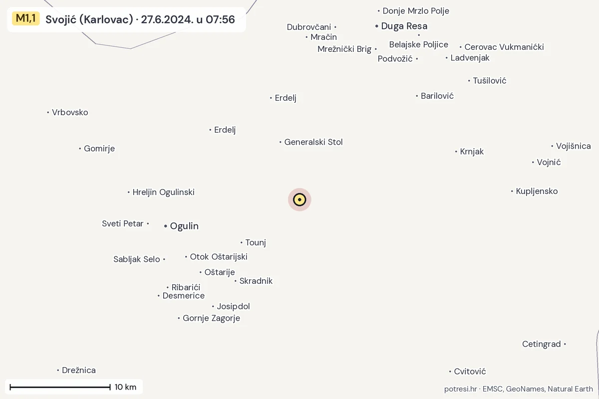 Karta: okolica epicentra, 60 km, potres M1,1, Svojić (Karlovac), 27.6.2024.