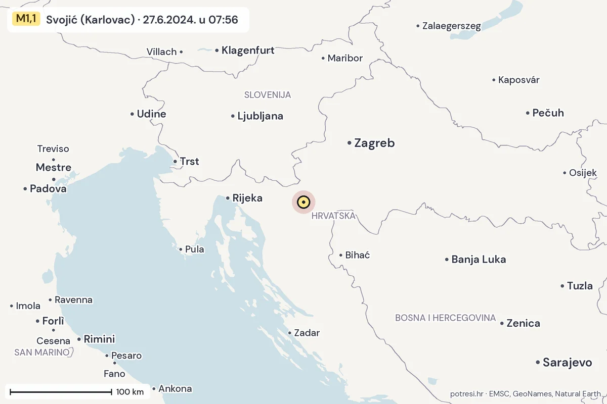 Karta: šire područje, 600 km, potres M1,1, Svojić (Karlovac), 27.6.2024.