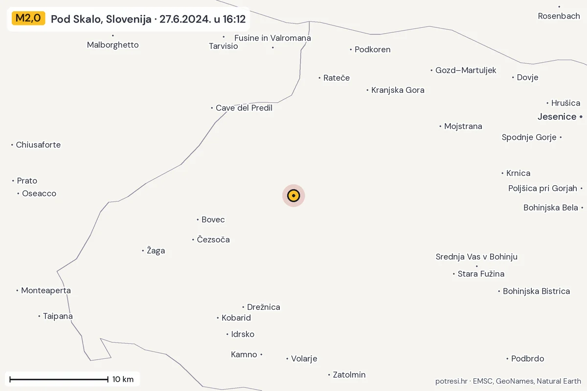 Karta: okolica epicentra, 60 km, potres M2,0, Pod Skalo, Slovenija, 27.6.2024.