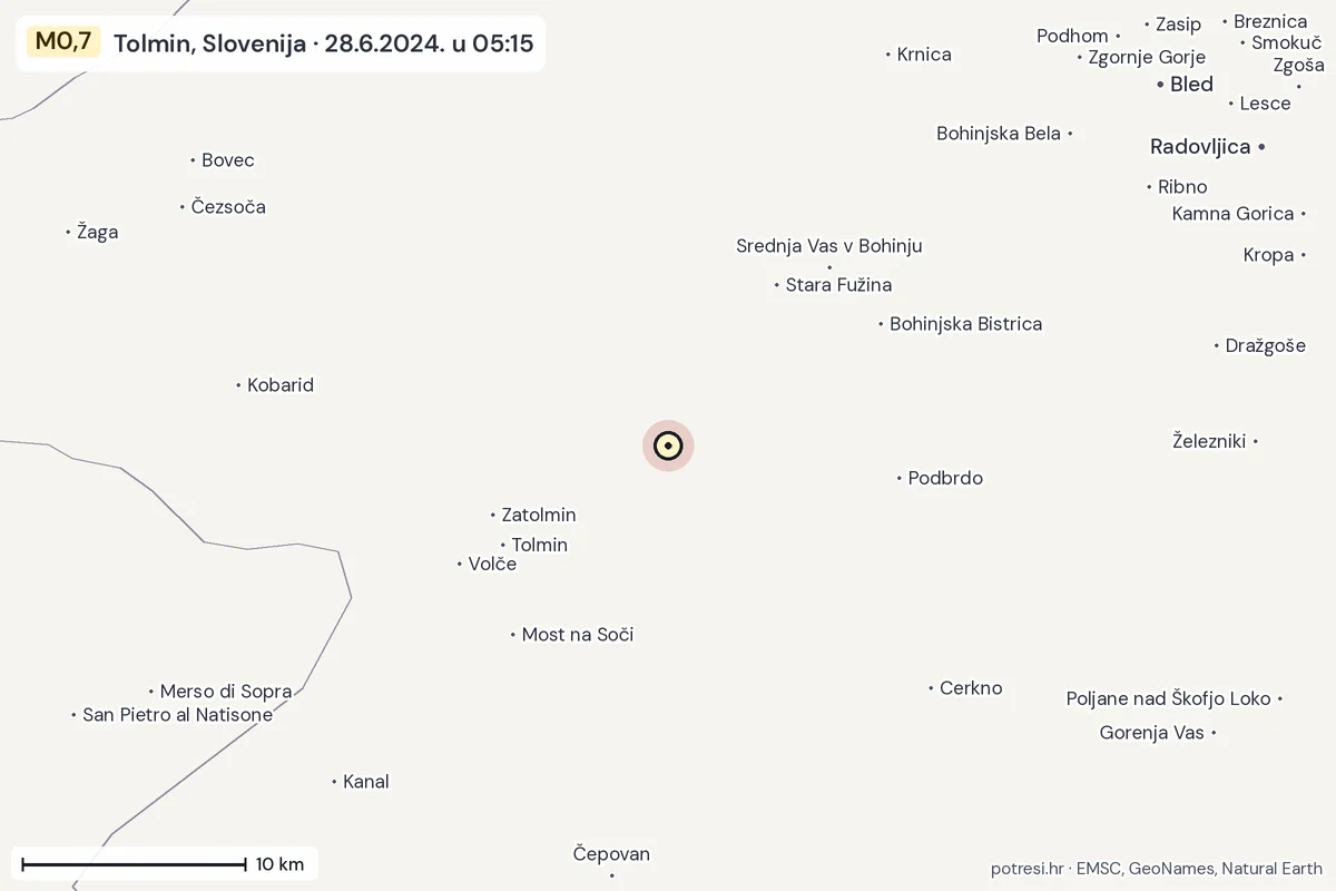 Karta: okolica epicentra, 60 km, potres M0,7, Tolmin, Slovenija, 28.6.2024.