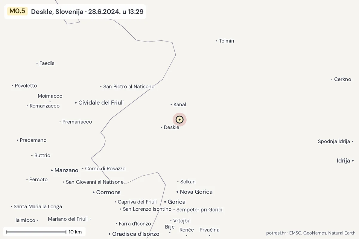 Karta: okolica epicentra, 60 km, potres M0,5, Deskle, Slovenija, 28.6.2024.