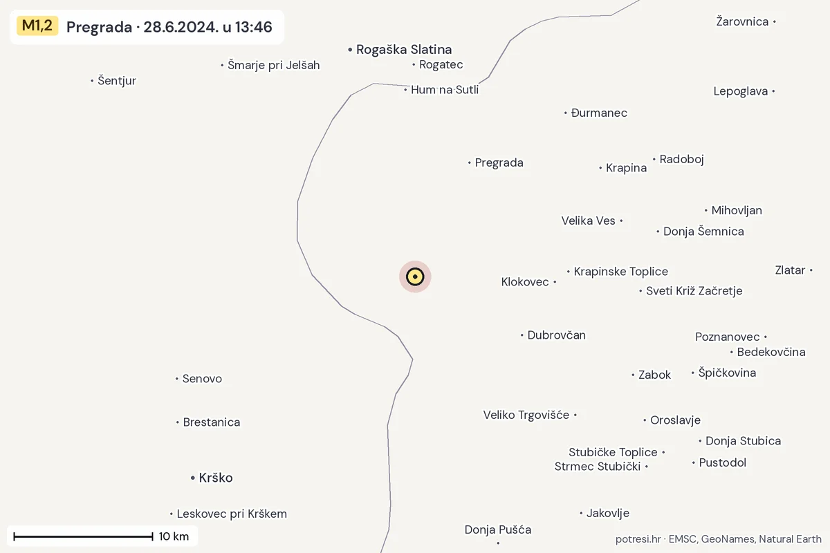 Karta: okolica epicentra, 60 km, potres M1,2, Pregrada, 28.6.2024.