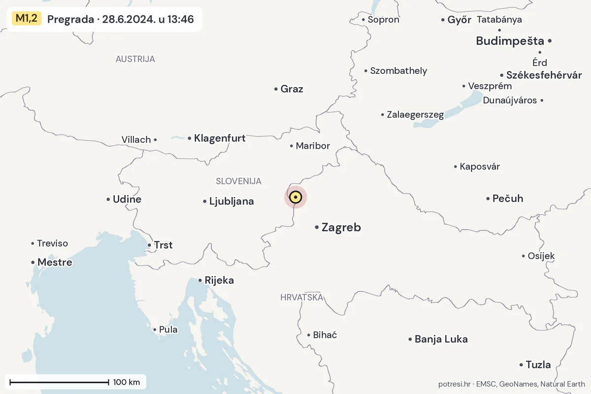 Karta: šire područje, 600 km, potres M1,2, Pregrada, 28.6.2024.