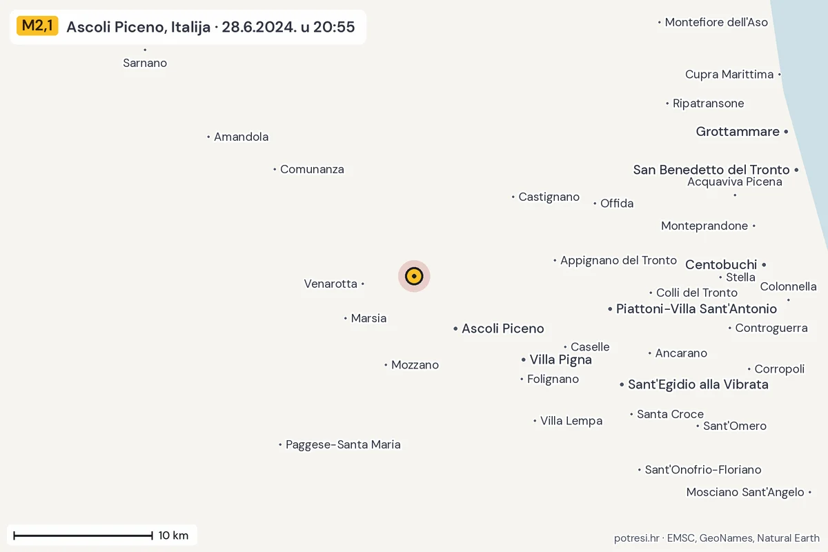 Karta: okolica epicentra, 60 km, potres M2,1, Ascoli Piceno, Italija, 28.6.2024.