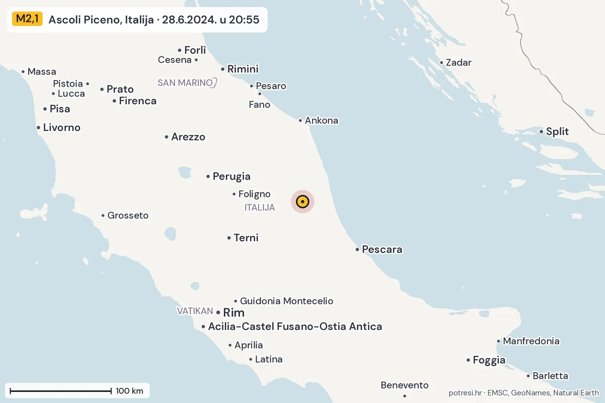 Karta: šire područje, 600 km, potres M2,1, Ascoli Piceno, Italija, 28.6.2024.