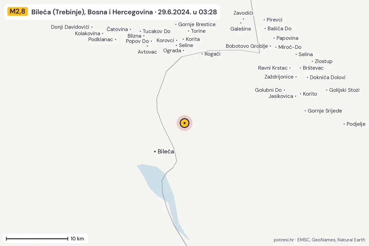 Karta: okolica epicentra, 60 km, potres M2,8, Bileća (Trebinje), Bosna i Hercegovina, 29.6.2024.