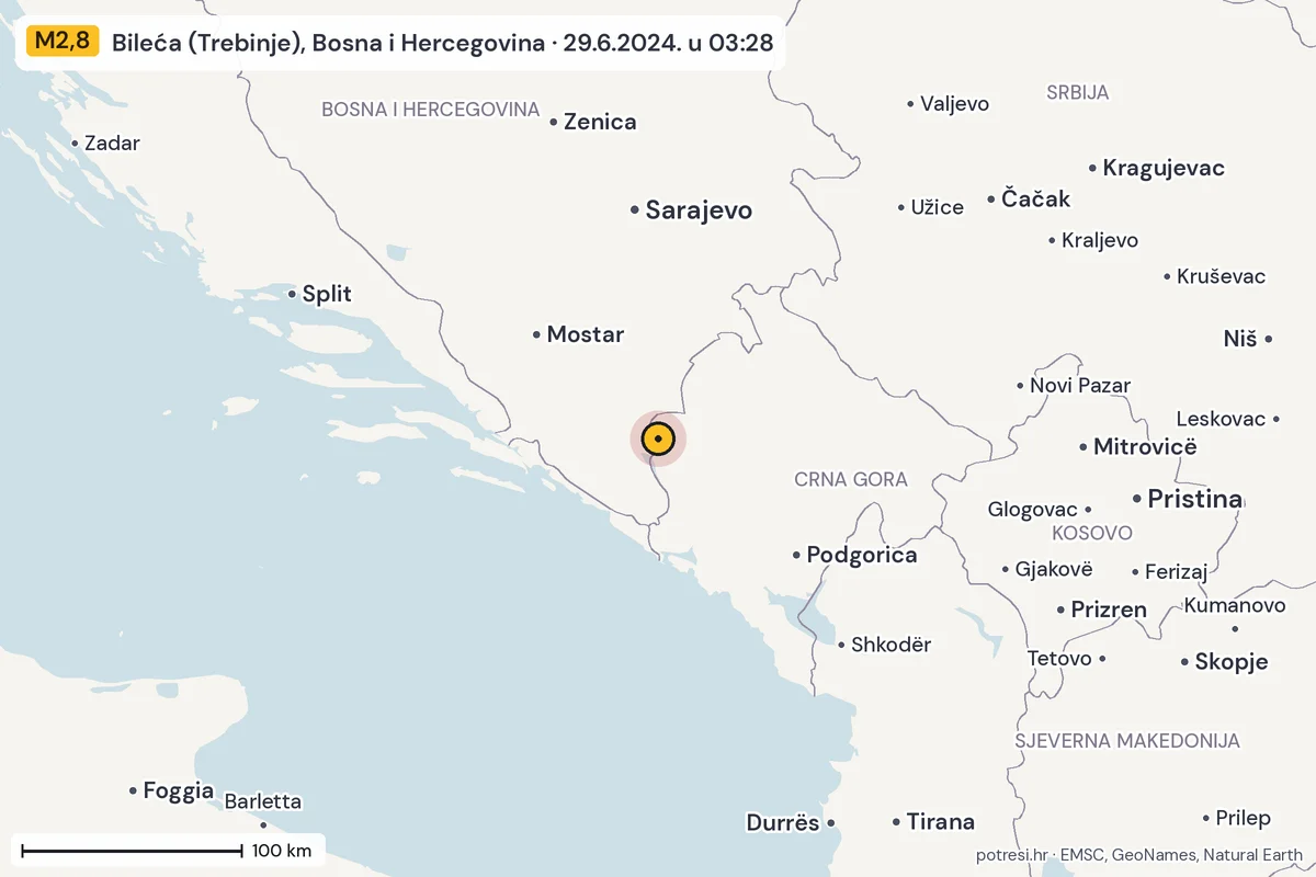 Karta: šire područje, 600 km, potres M2,8, Bileća (Trebinje), Bosna i Hercegovina, 29.6.2024.