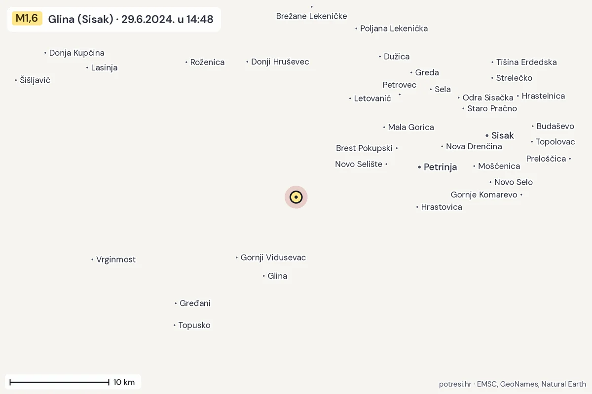 Karta: okolica epicentra, 60 km, potres M1,6, Glina (Sisak), 29.6.2024.
