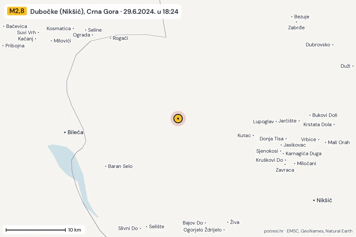 Karta: okolica epicentra, 60 km, potres M2,8, Dubočke (Nikšić), Crna Gora, 29.6.2024.