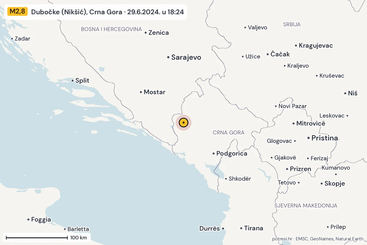 Karta: šire područje, 600 km, potres M2,8, Dubočke (Nikšić), Crna Gora, 29.6.2024.