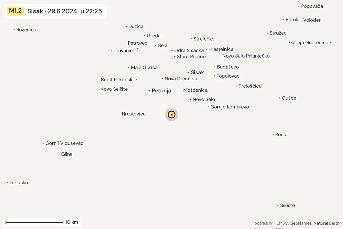 Karta: okolica epicentra, 60 km, potres M1,2, Sisak, 29.6.2024.