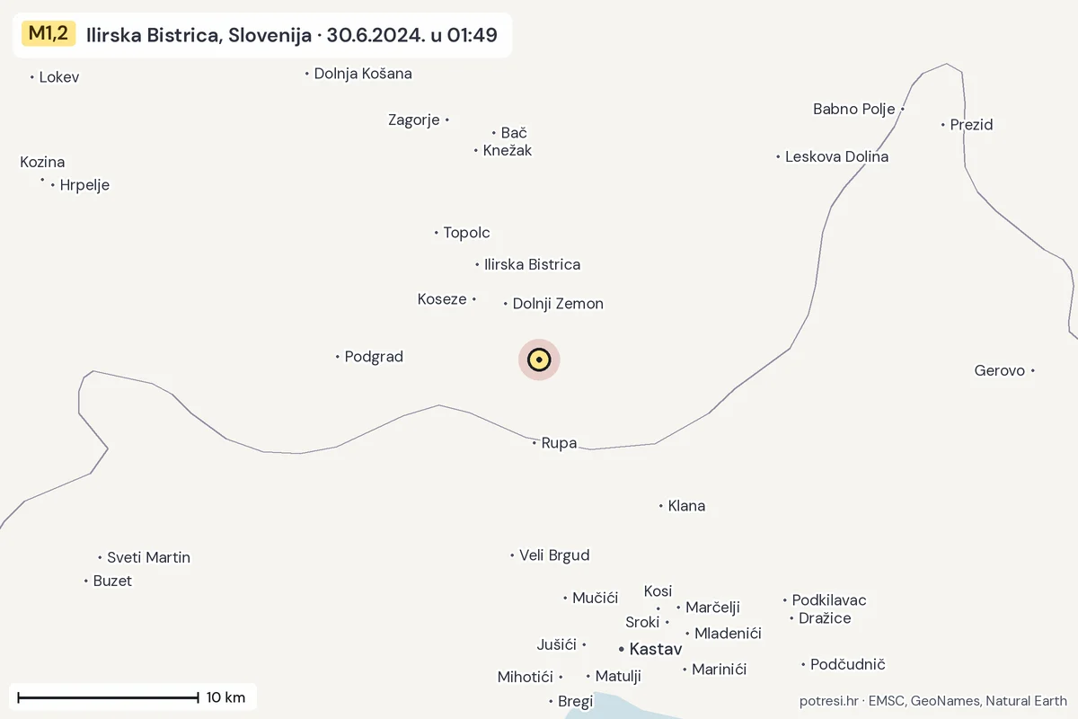 Karta: okolica epicentra, 60 km, potres M1,2, Ilirska Bistrica, Slovenija, 30.6.2024.