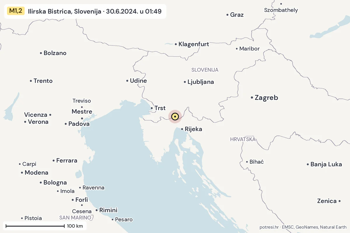 Karta: šire područje, 600 km, potres M1,2, Ilirska Bistrica, Slovenija, 30.6.2024.