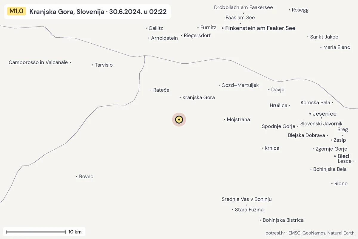 Karta: okolica epicentra, 60 km, potres M1,0, Kranjska Gora, Slovenija, 30.6.2024.