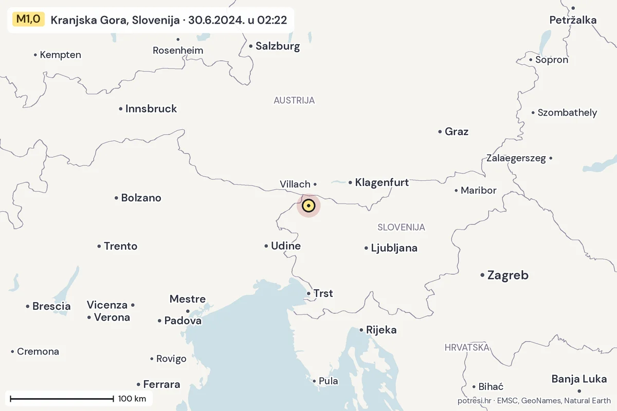 Karta: šire područje, 600 km, potres M1,0, Kranjska Gora, Slovenija, 30.6.2024.