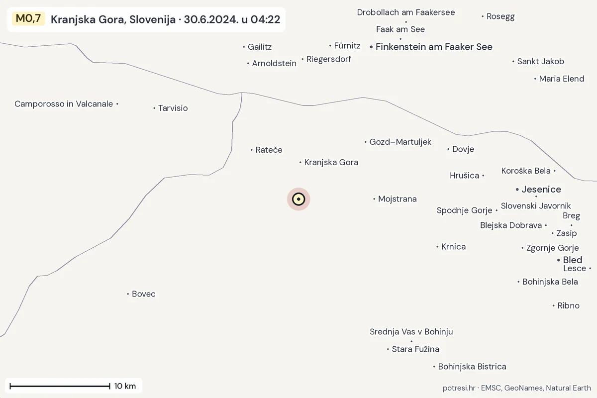 Karta: okolica epicentra, 60 km, potres M0,7, Kranjska Gora, Slovenija, 30.6.2024.