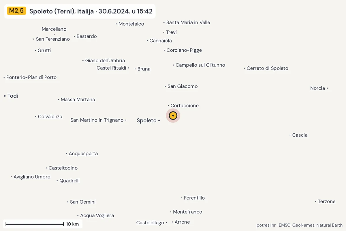 Karta: okolica epicentra, 60 km, potres M2,5, Spoleto (Terni), Italija, 30.6.2024.
