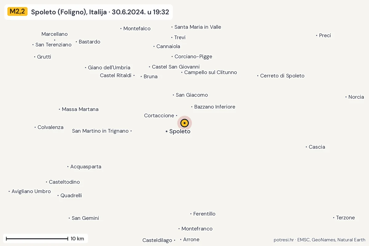 Karta: okolica epicentra, 60 km, potres M2,2, Spoleto (Foligno), Italija, 30.6.2024.