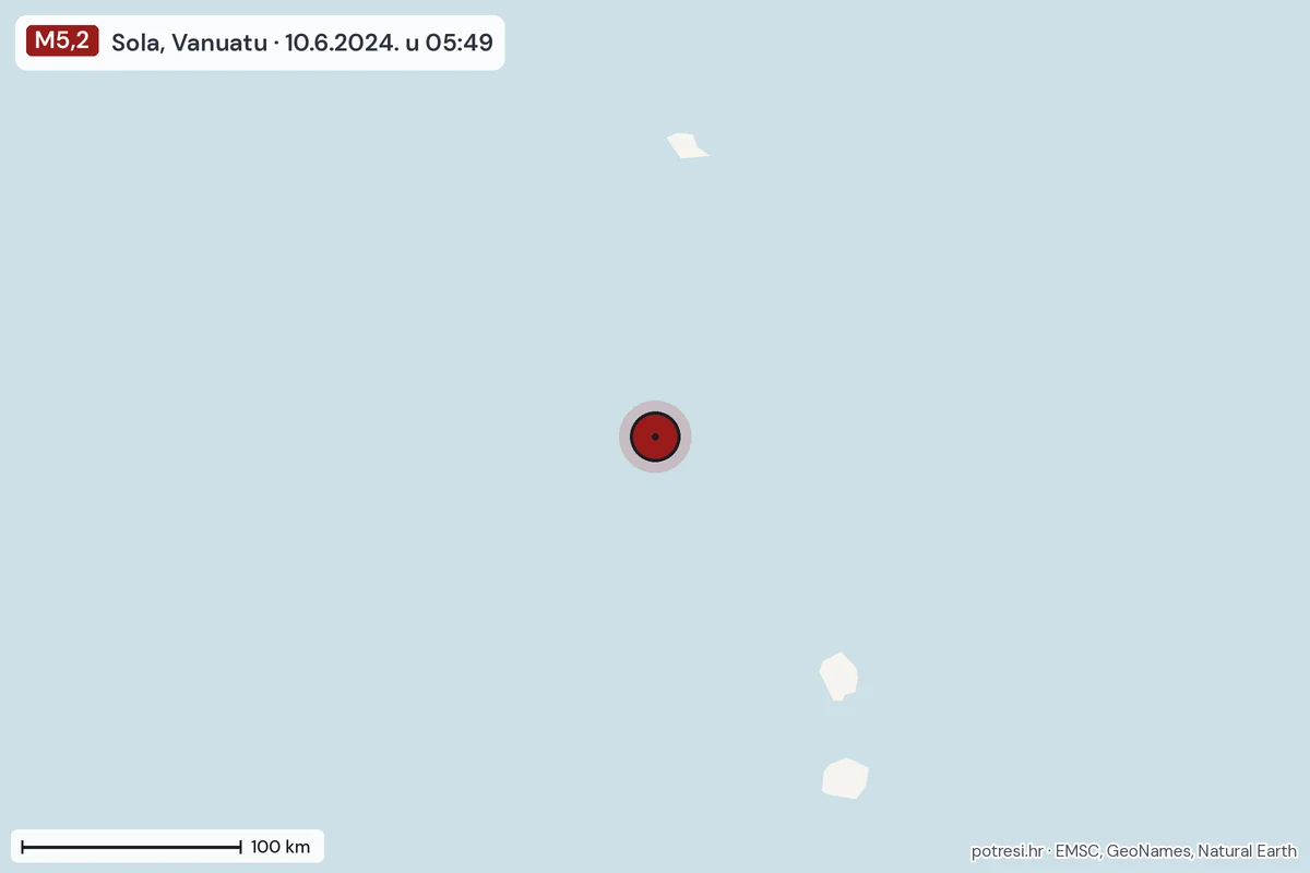 Karta: šire područje, 600 km, potres M5,2, Sola, Vanuatu, 10.6.2024.