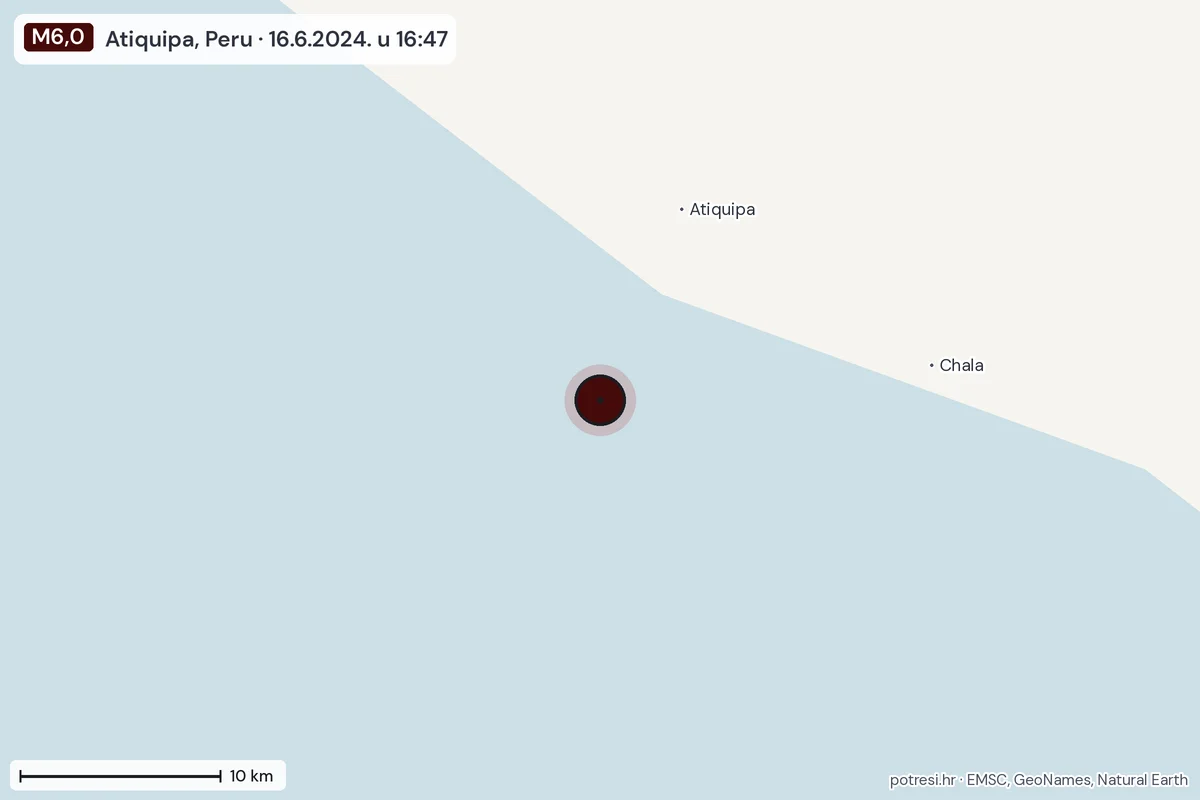 Karta: okolica epicentra, 60 km, potres M6,0, Atiquipa, Peru, 16.6.2024.