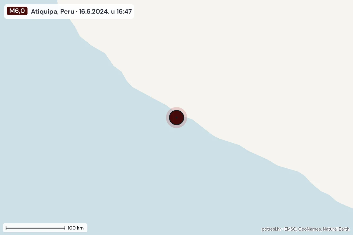 Karta: šire područje, 600 km, potres M6,0, Atiquipa, Peru, 16.6.2024.
